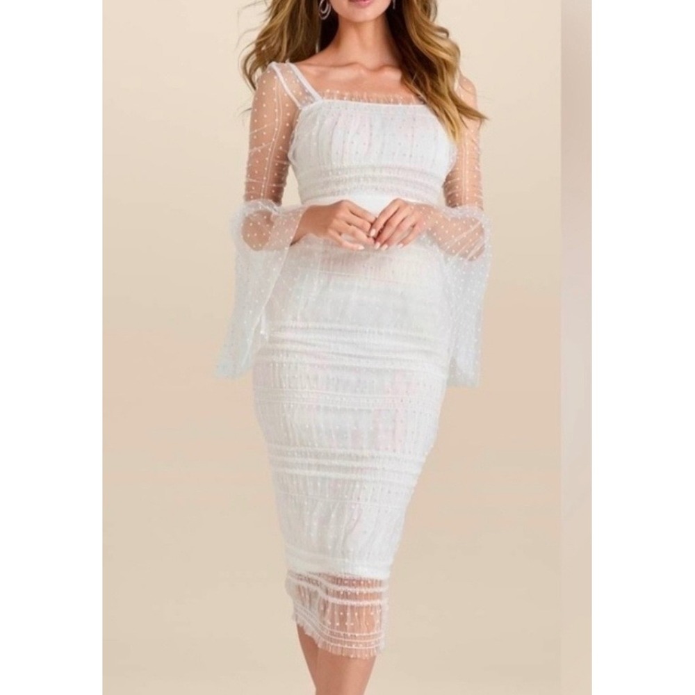 Venus White Swiss Dot Mesh Bell Sleeve Smocked Bodycon Midi Dress Bridal Wedding